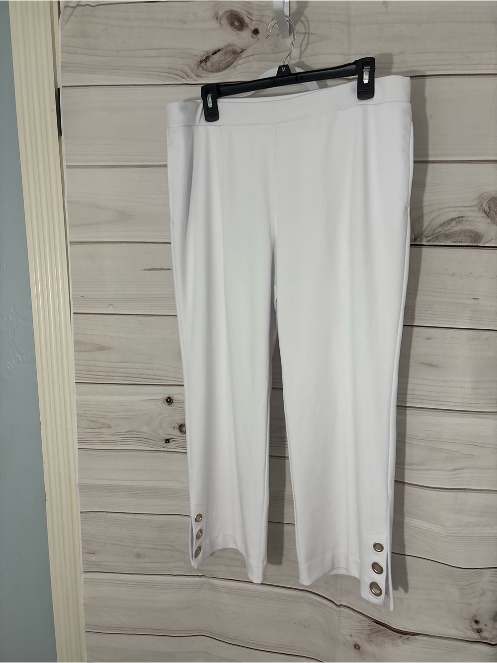 Susan Graver White Pull-On Capri Pants with Hem Button Detail